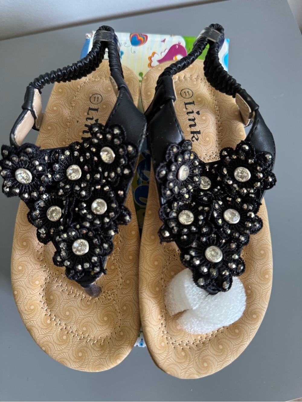 Kids Link Black Beaded Floral T-Strap Sandals